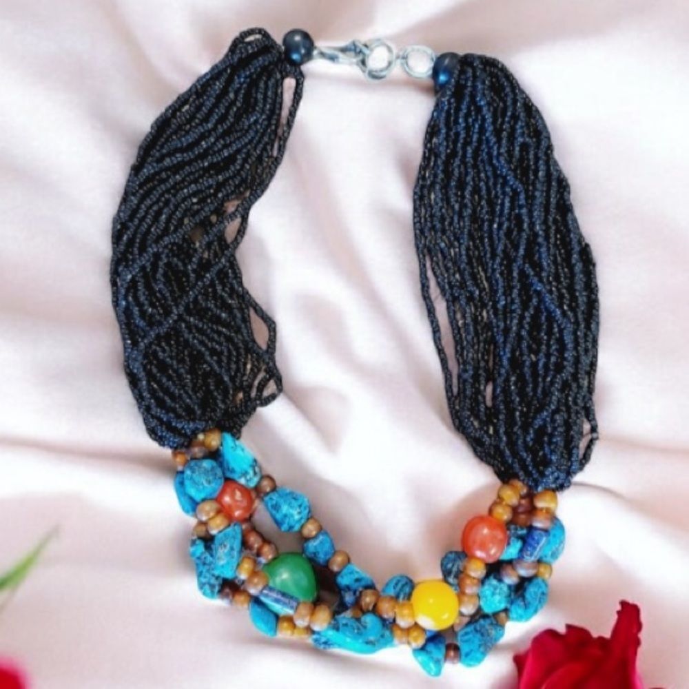* 16" sead bead turquoise callor necklace multi strand statement neck